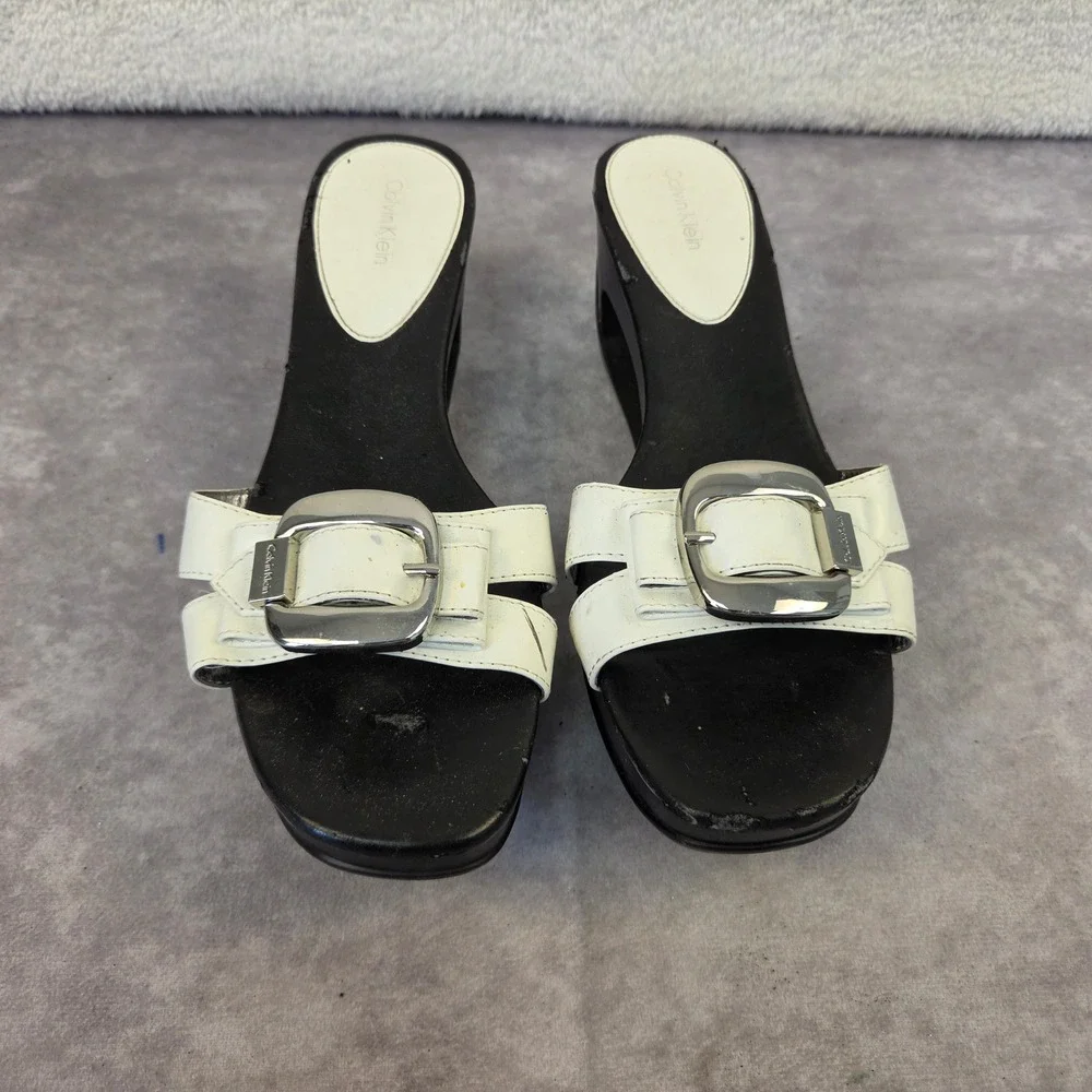 Calvin Klein Womens White Buckle Platform Wedge Slide Sandals Black Cutout Heel